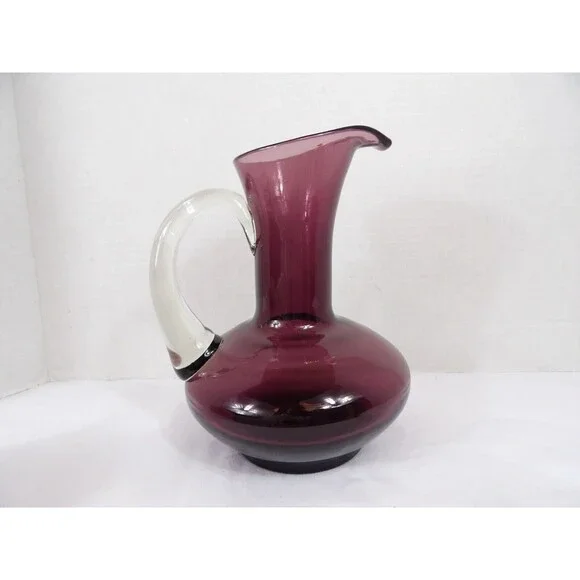 Vase Pitcher Amethyst Hand Blown Glass Pontil Purple Clear Handle 7.5" Tall MCM - Picture 4 of 16